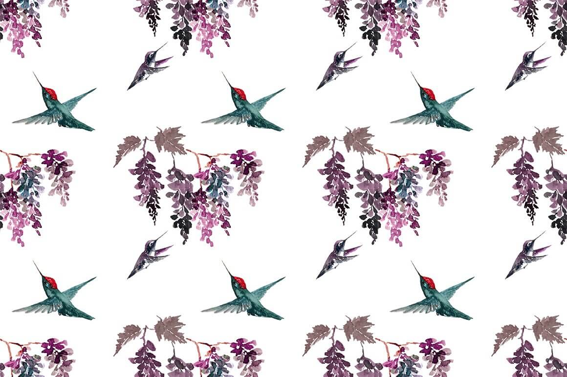 Hummingbird in free flight between branches.