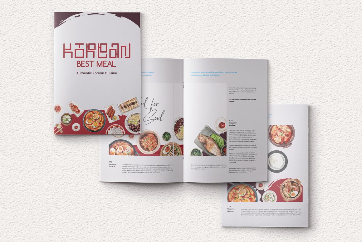 Pages of books with a print of Korean cuisine.