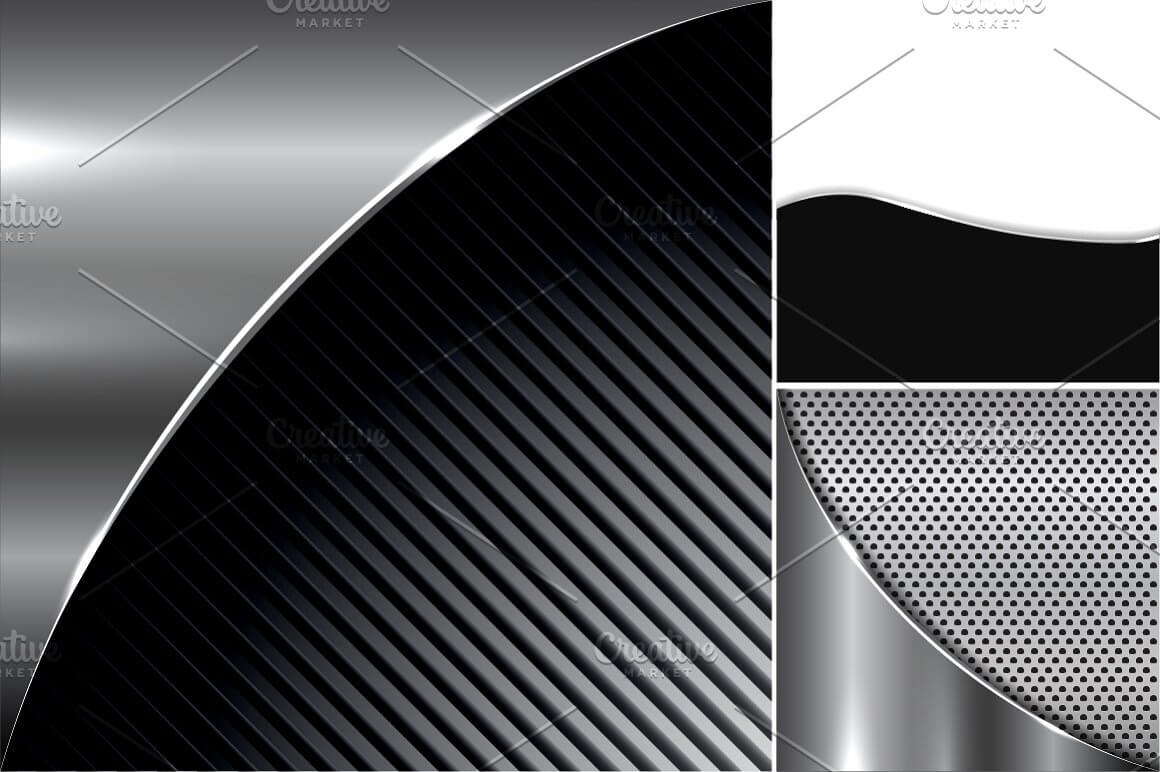 Three parts vector pattern dark texture metal background with curved lines.