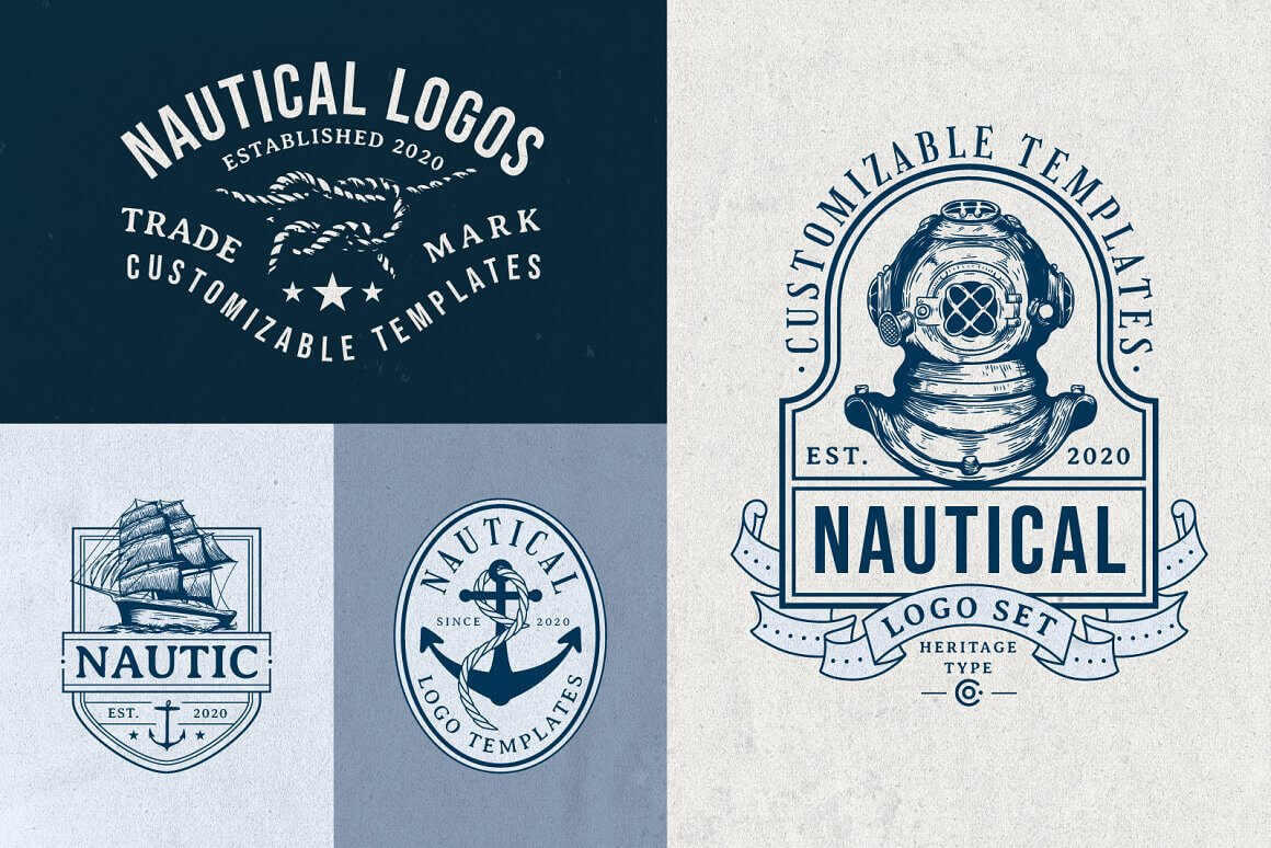 Nautical logo trade mark customizable templates with the image of a sea knot, a ship with sails, an anchor in sea colors.