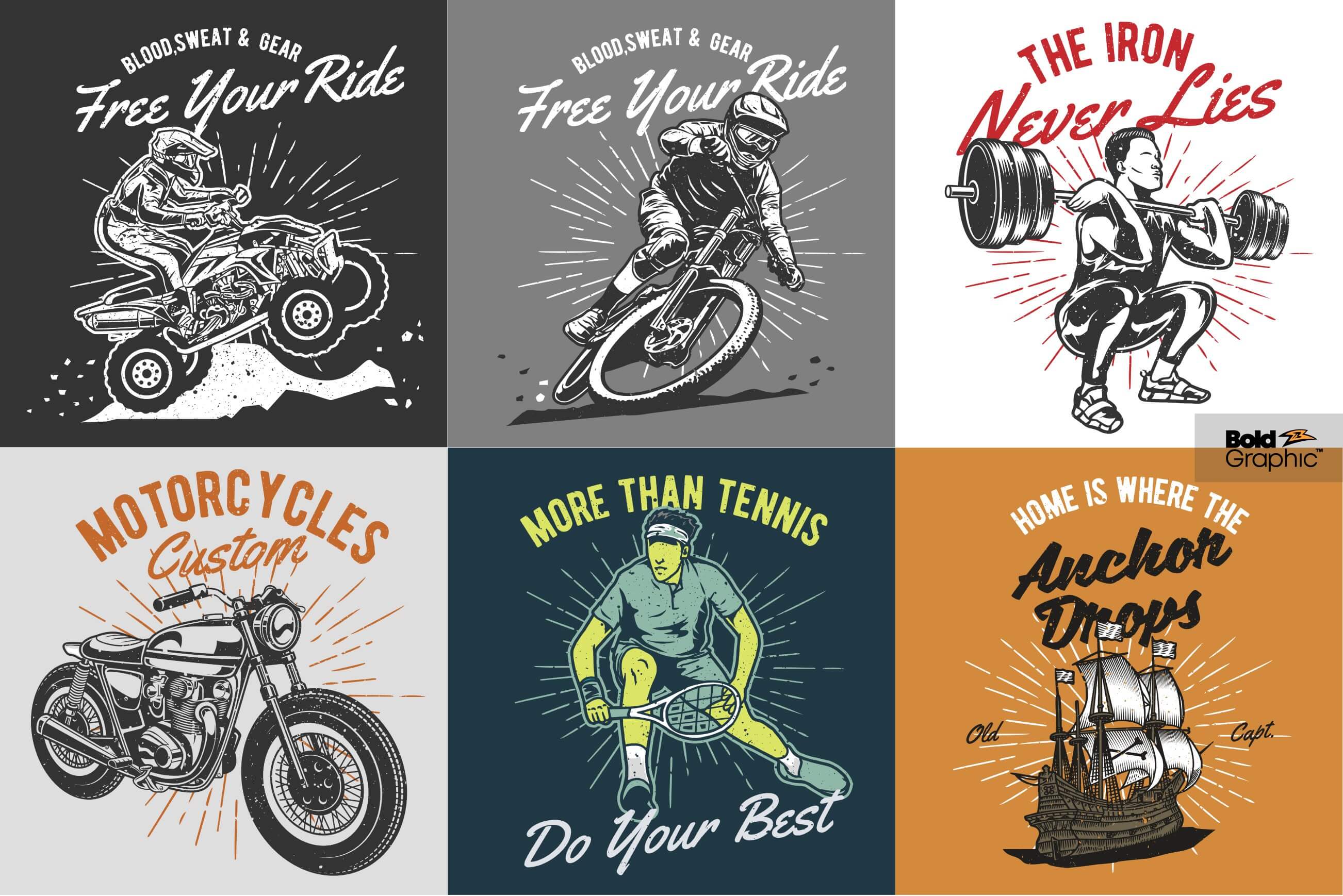 T-shirt designs with vintage images of active pastime.