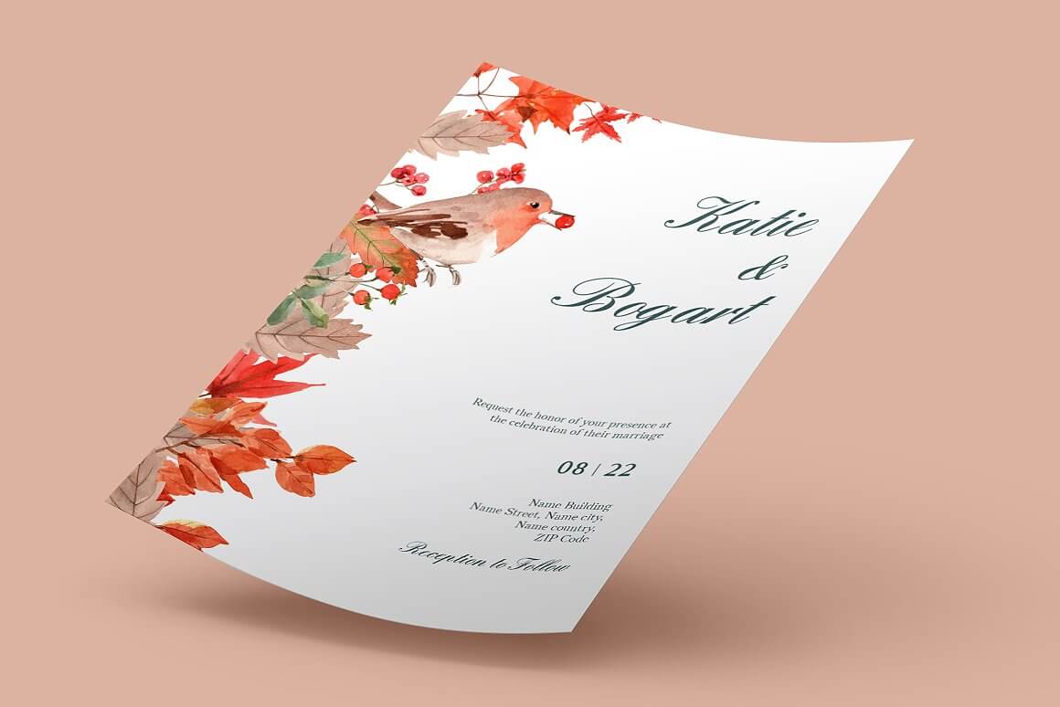 A piece of paper with a wedding invitation and a painted bird holding a berry in its beak.