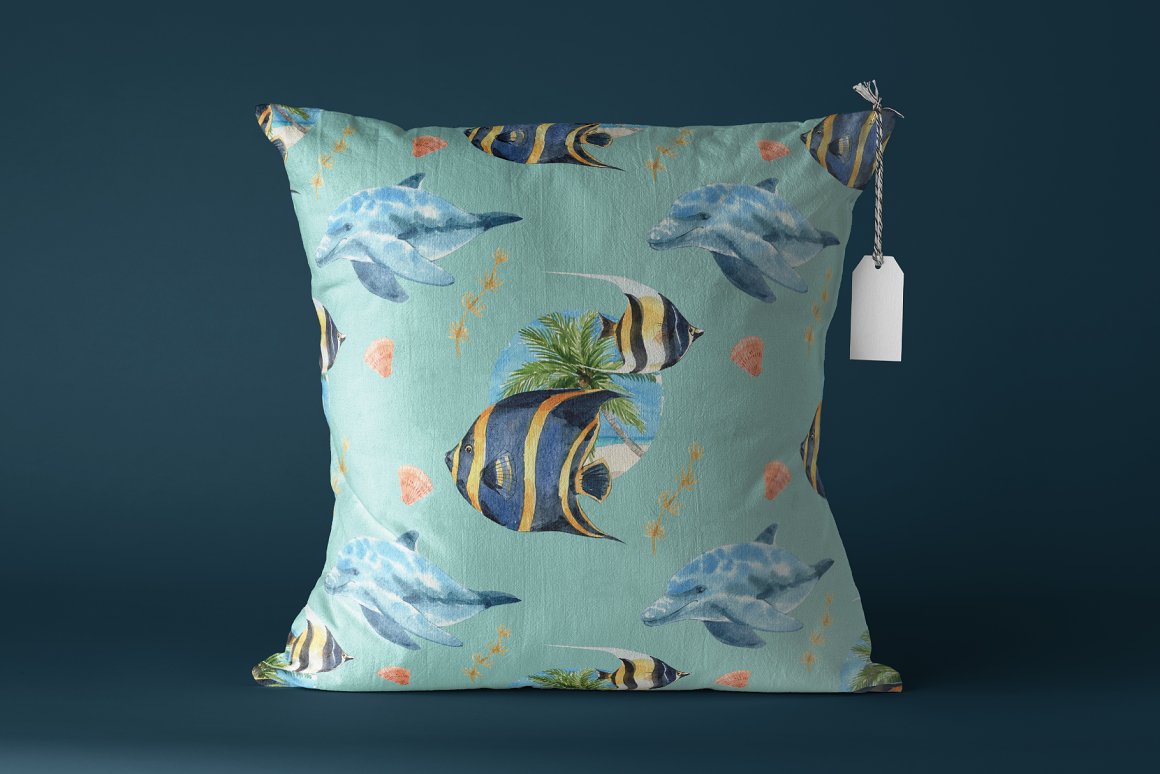 Stylization of a pillow with dolphins.