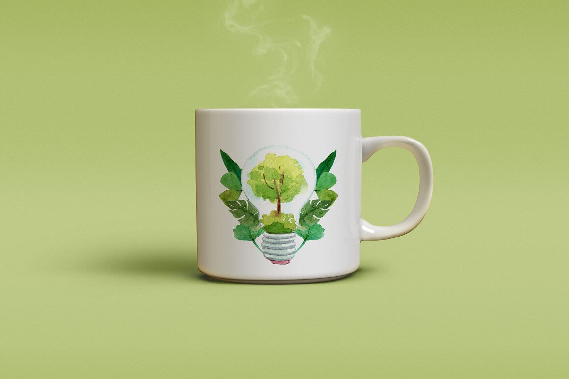 Cup with a picture of a light bulb with a tree inside, saving the Earth.
