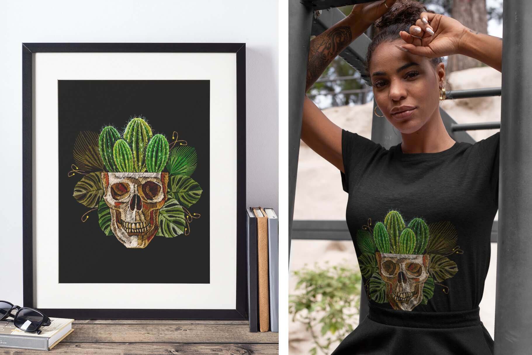 An embroidered skull from which cacti grow, and next to tropical leaves, on a black background.