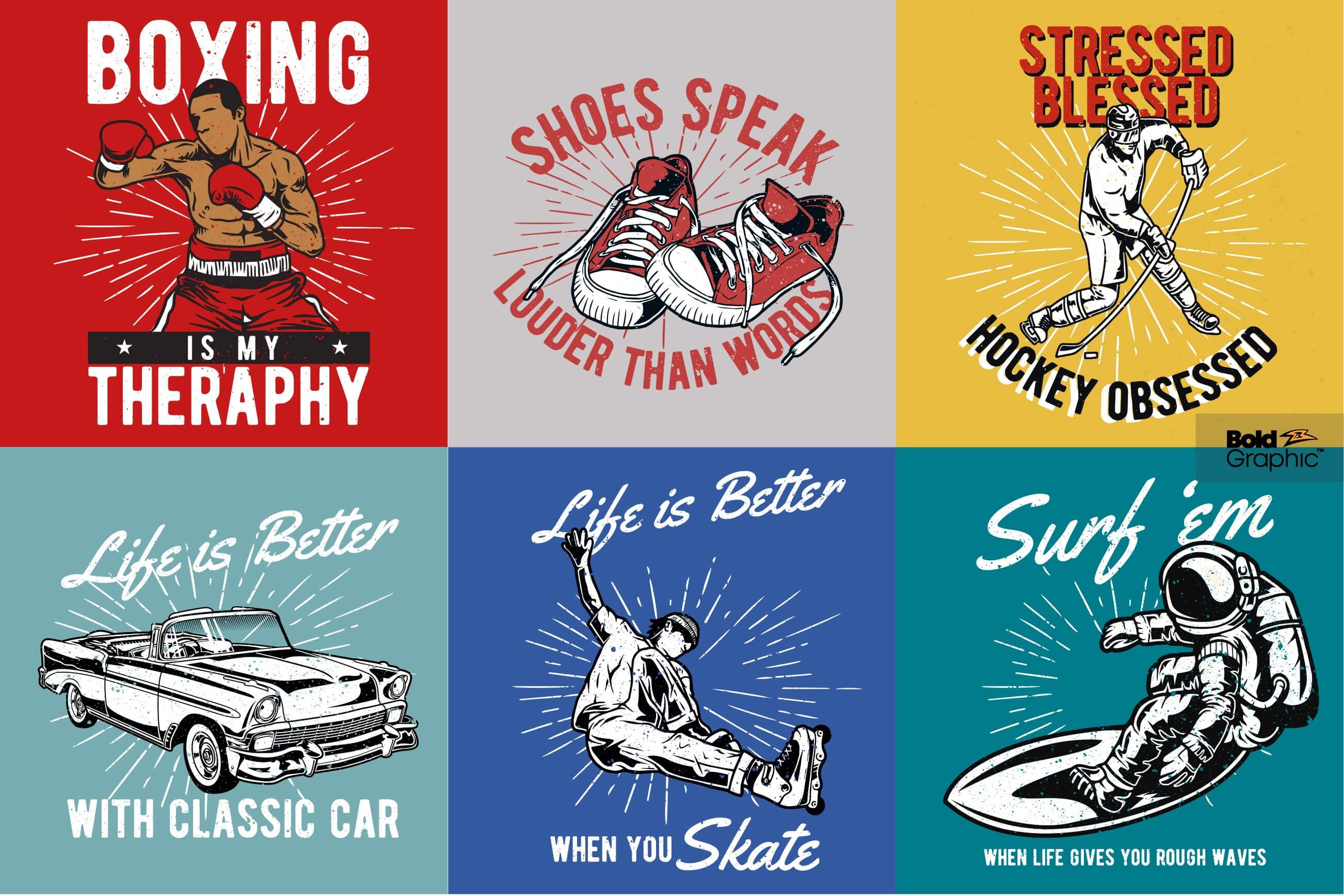 T-shirt designs with vintage images of water, land and air sports.