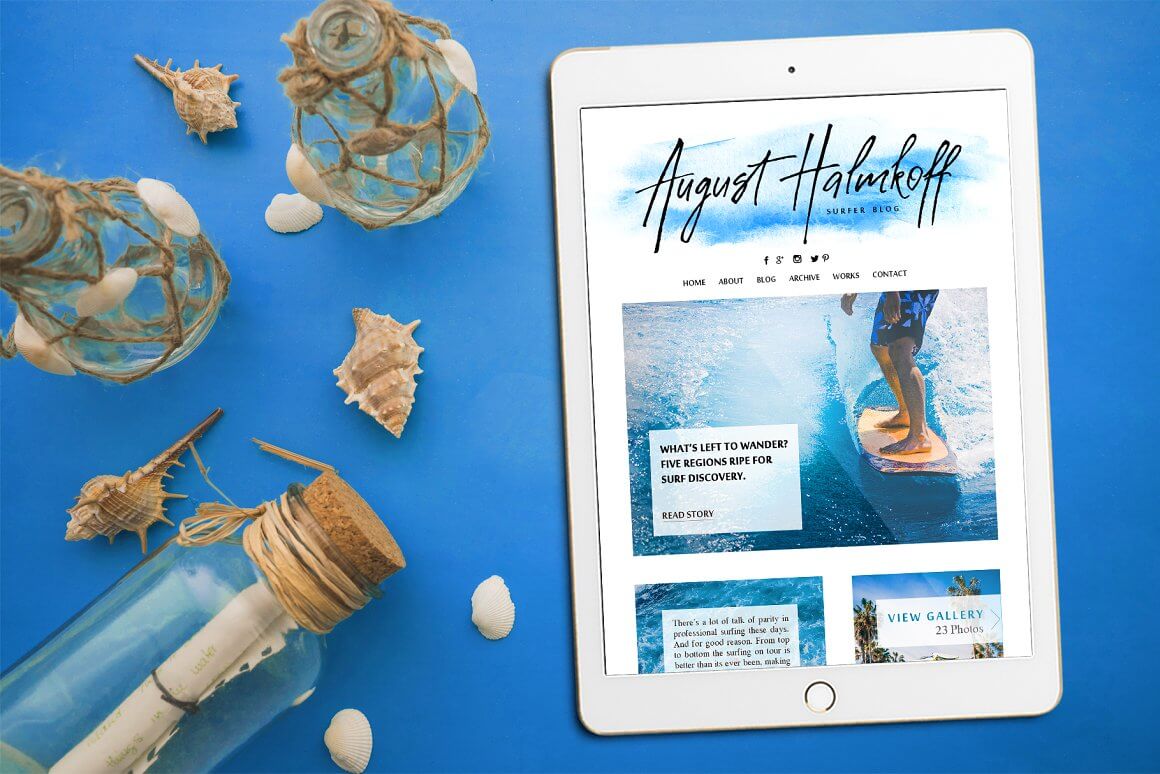 Tablet featuring August Halmkoff, Surfer blog.