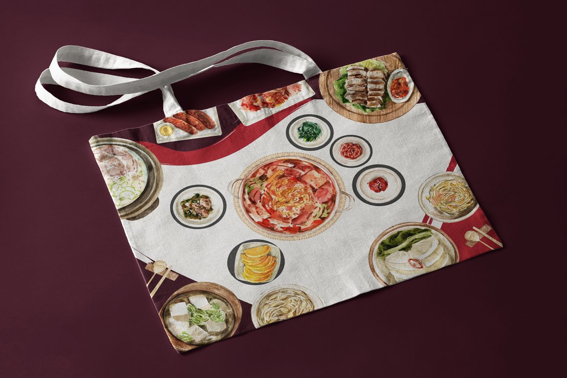 Print on a bag with Korean food.