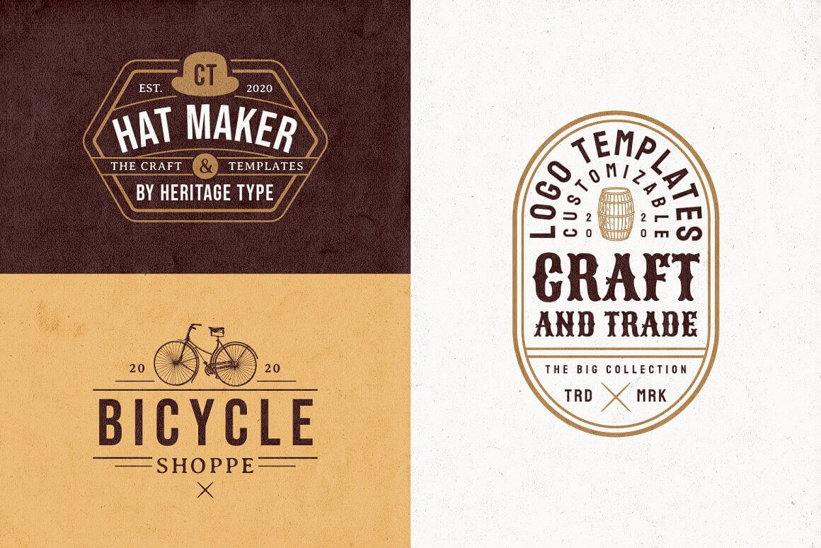 Logo template of hat marker, bicycle shoppe, craft and trade.