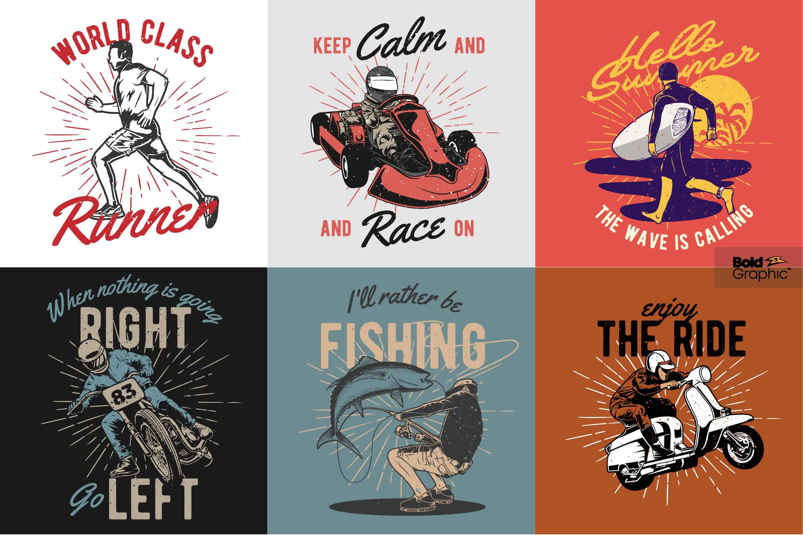 T-shirt designs with vintage images of men's favorite activities.