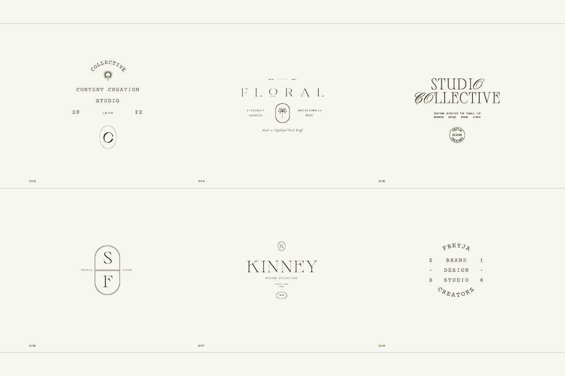 Six different logos: Collective Content Creation Studio, Floral, Studio Collective, S F, Kinney, Freyja Brand Design Studio Creators.