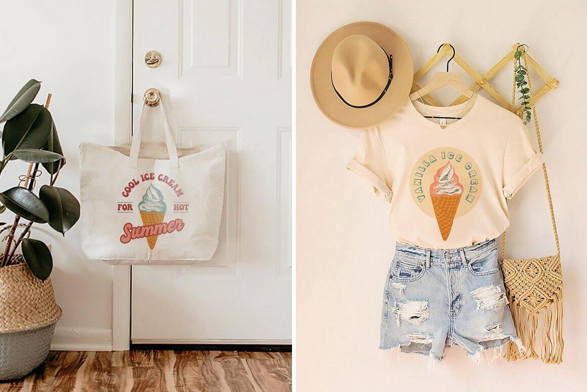 On a white beach bag and on a beige t-shirt design with ice cream.