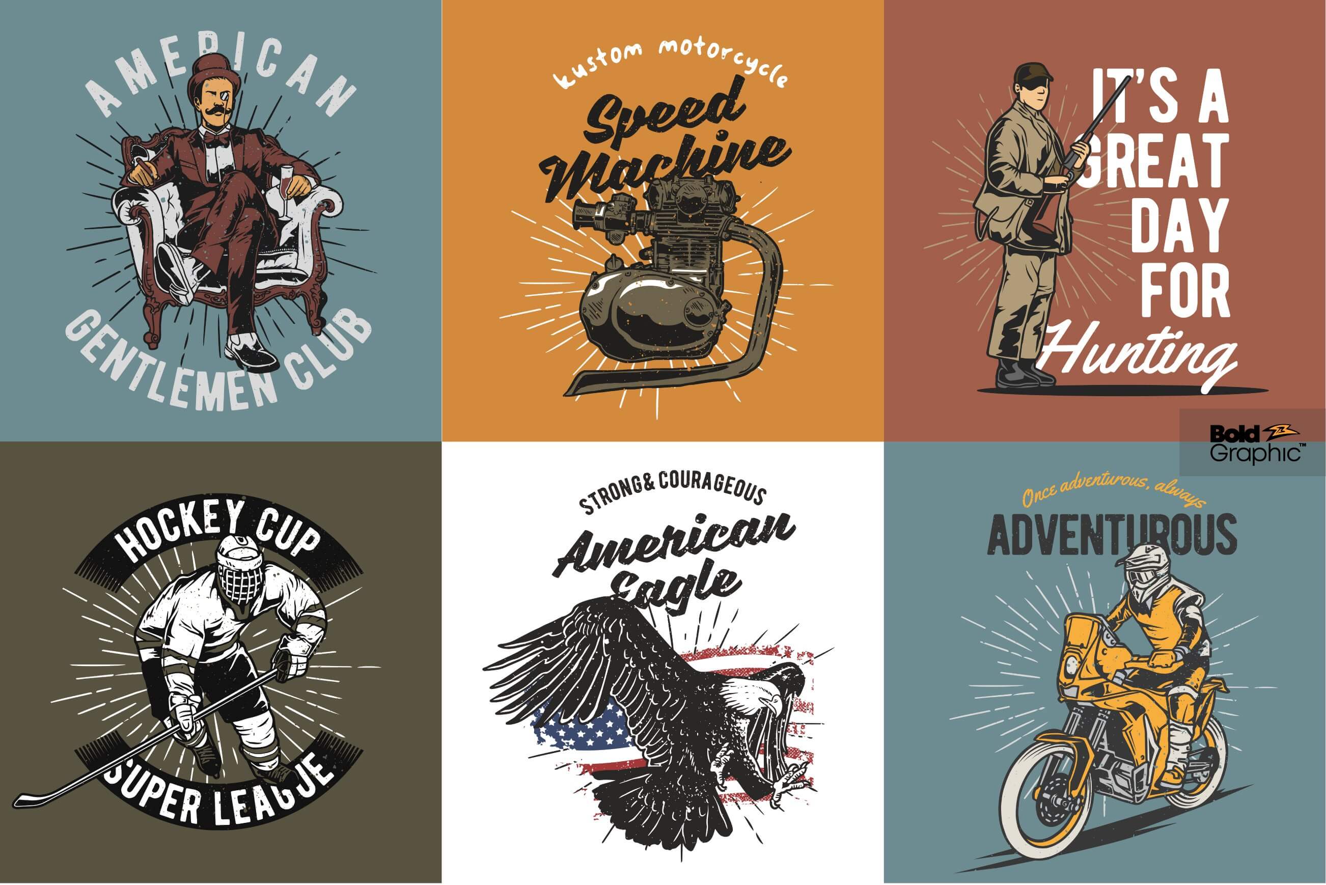 T-shirt designs with vintage images and inscriptions "American gentleman's club", "American eagle" and more.