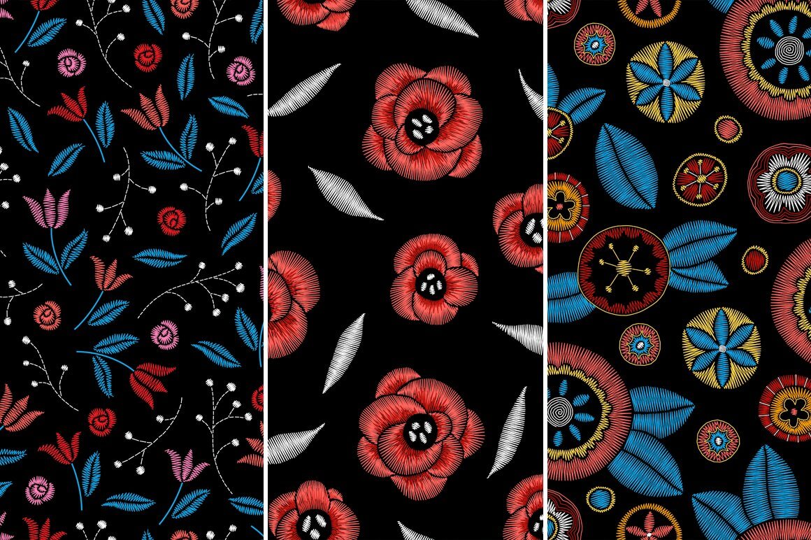 Red flowers embroidered on a black canvas.