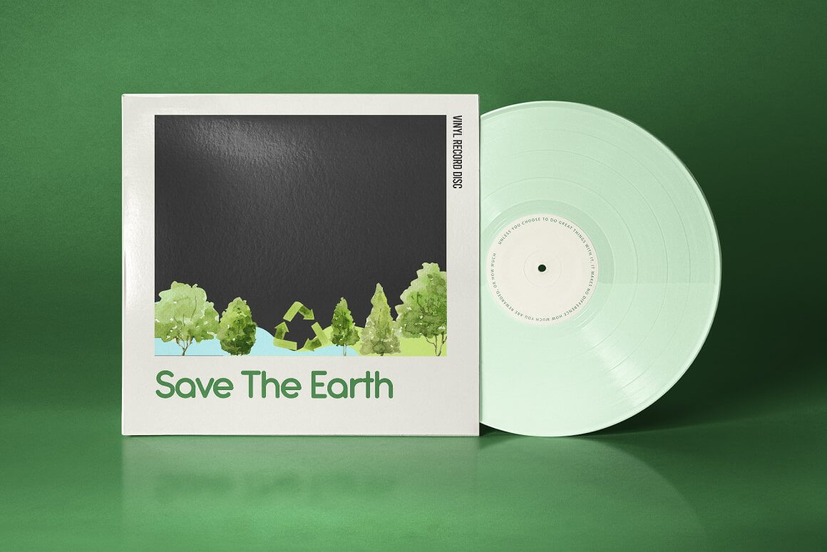 Vinyl with recycling graphic and "Save the Earth" slogan.