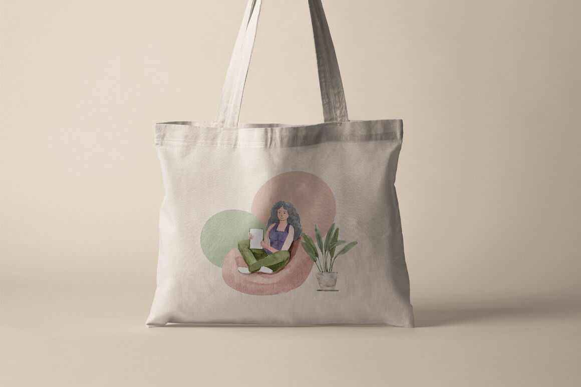 Bag with a picture of a girl working at home in her chair.