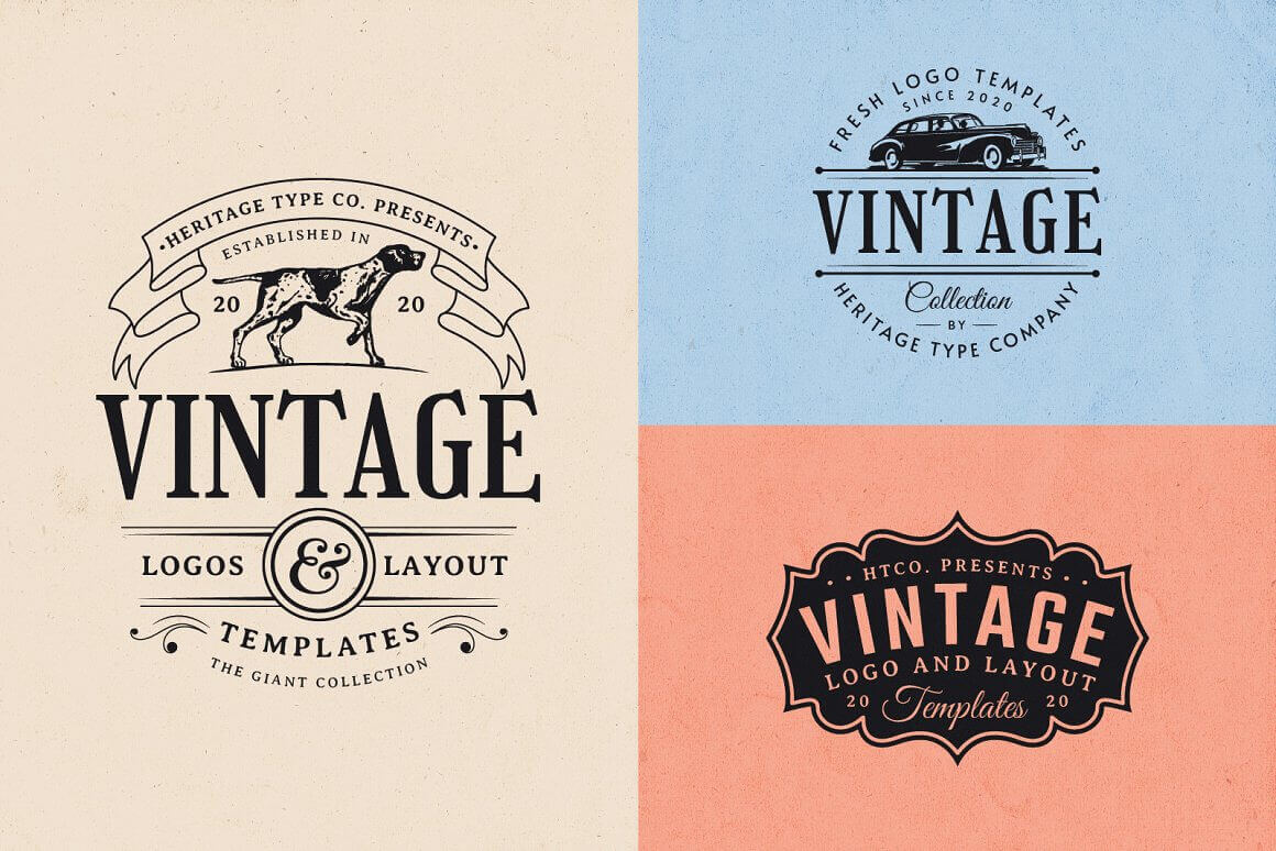 Vintage logos layout templates with images dog, car and more.