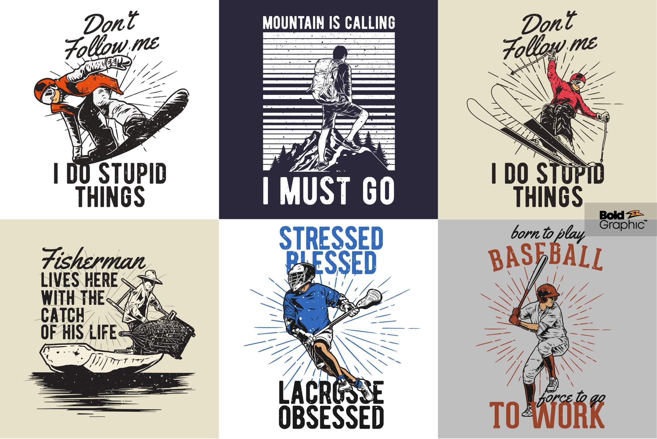 T-shirt designs with vintage images of winter and summer sports.