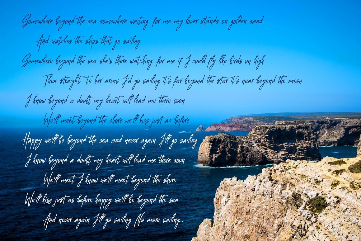 An inscription over a beautiful view of the rocky coast, examples of fonts.