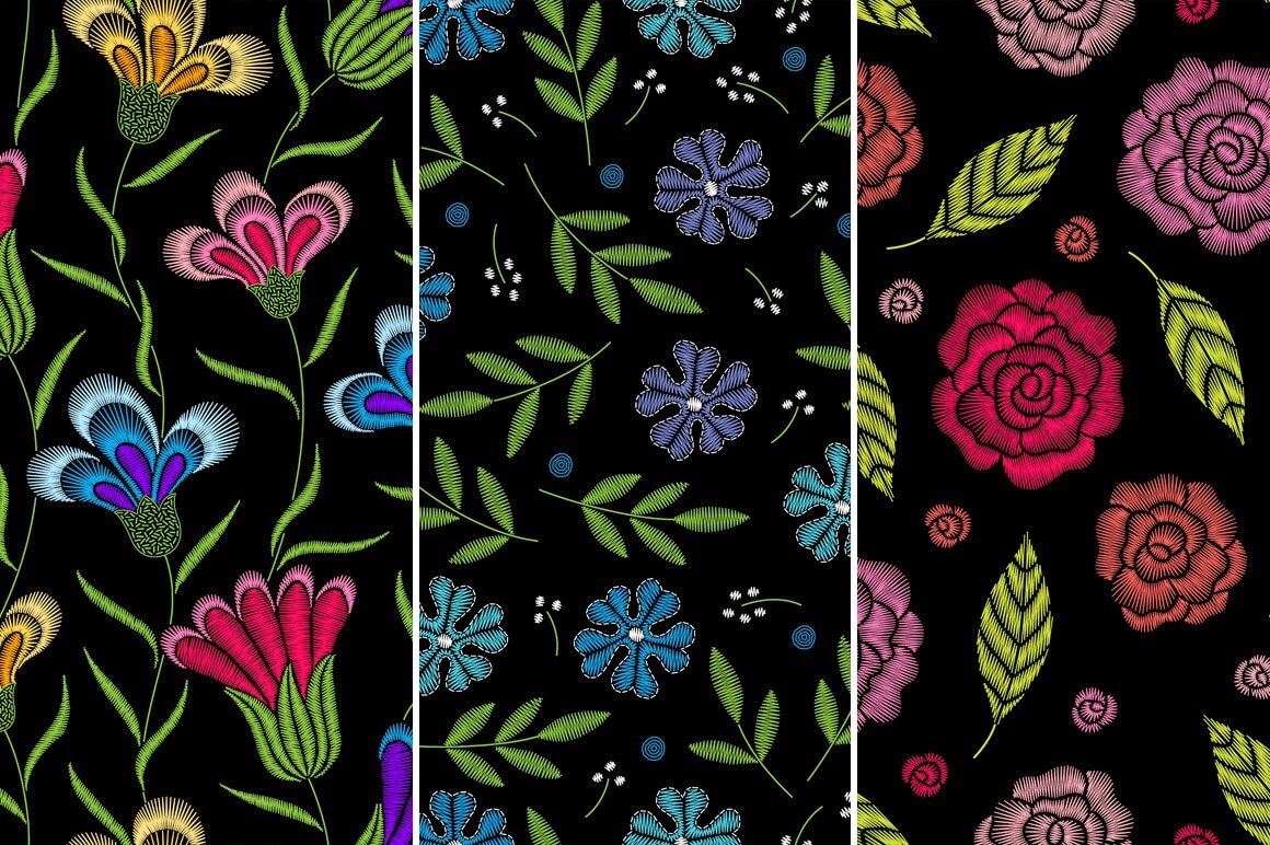 Red, purple and green flowers embroidered on black.