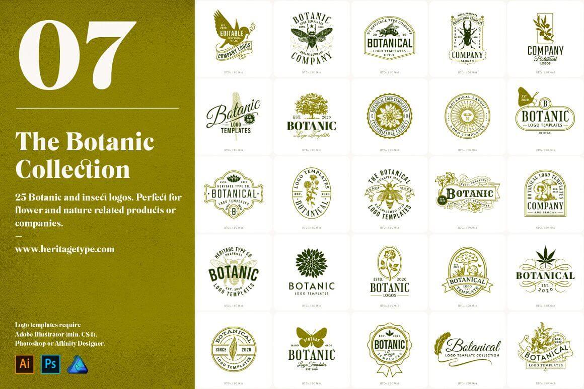 25 botanic and insect logos, perfect for flower and nature related products or companies.