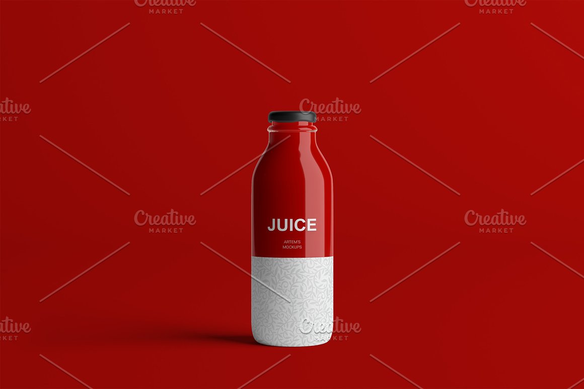 Red prints on a bottle on a red background.