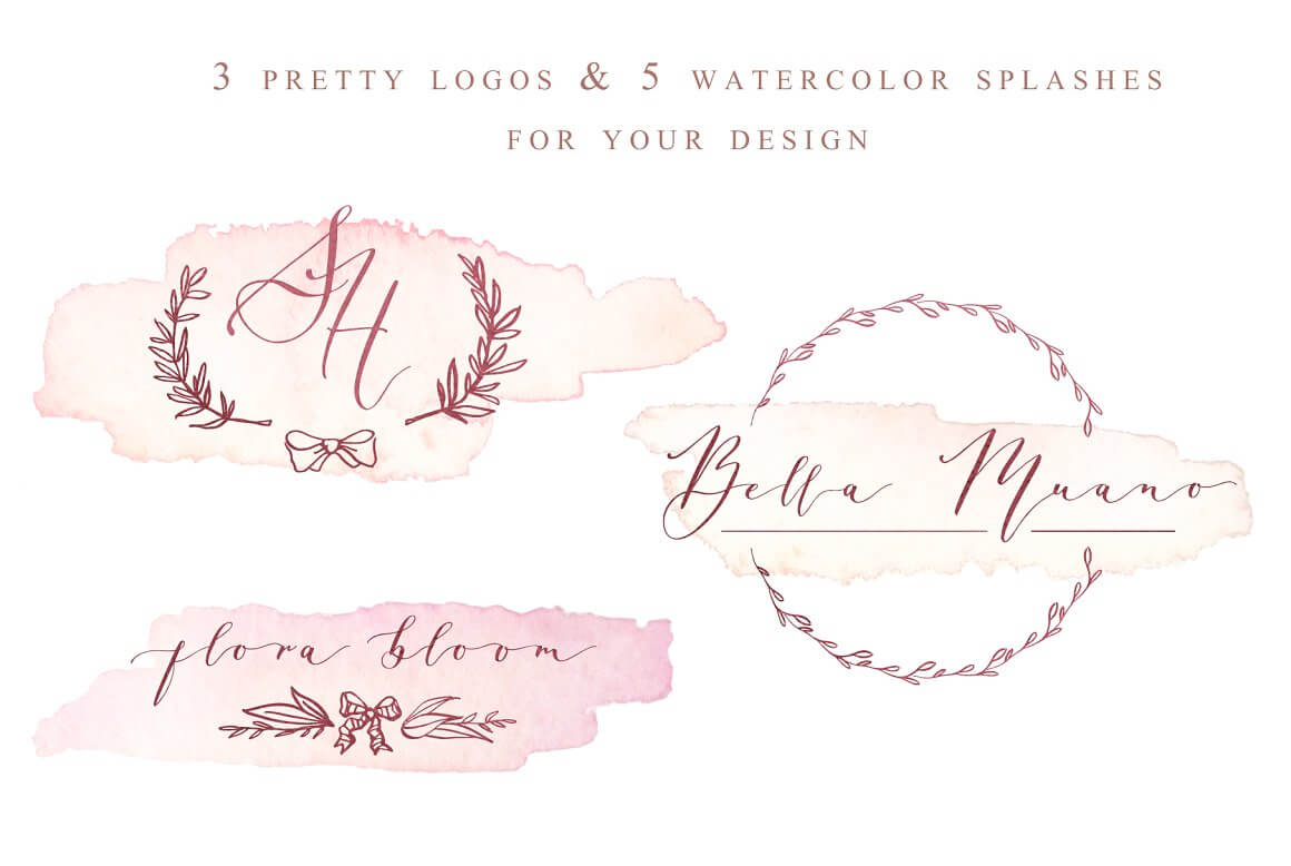 3 Pretty logos & 5 Watercolor splashes for your design.