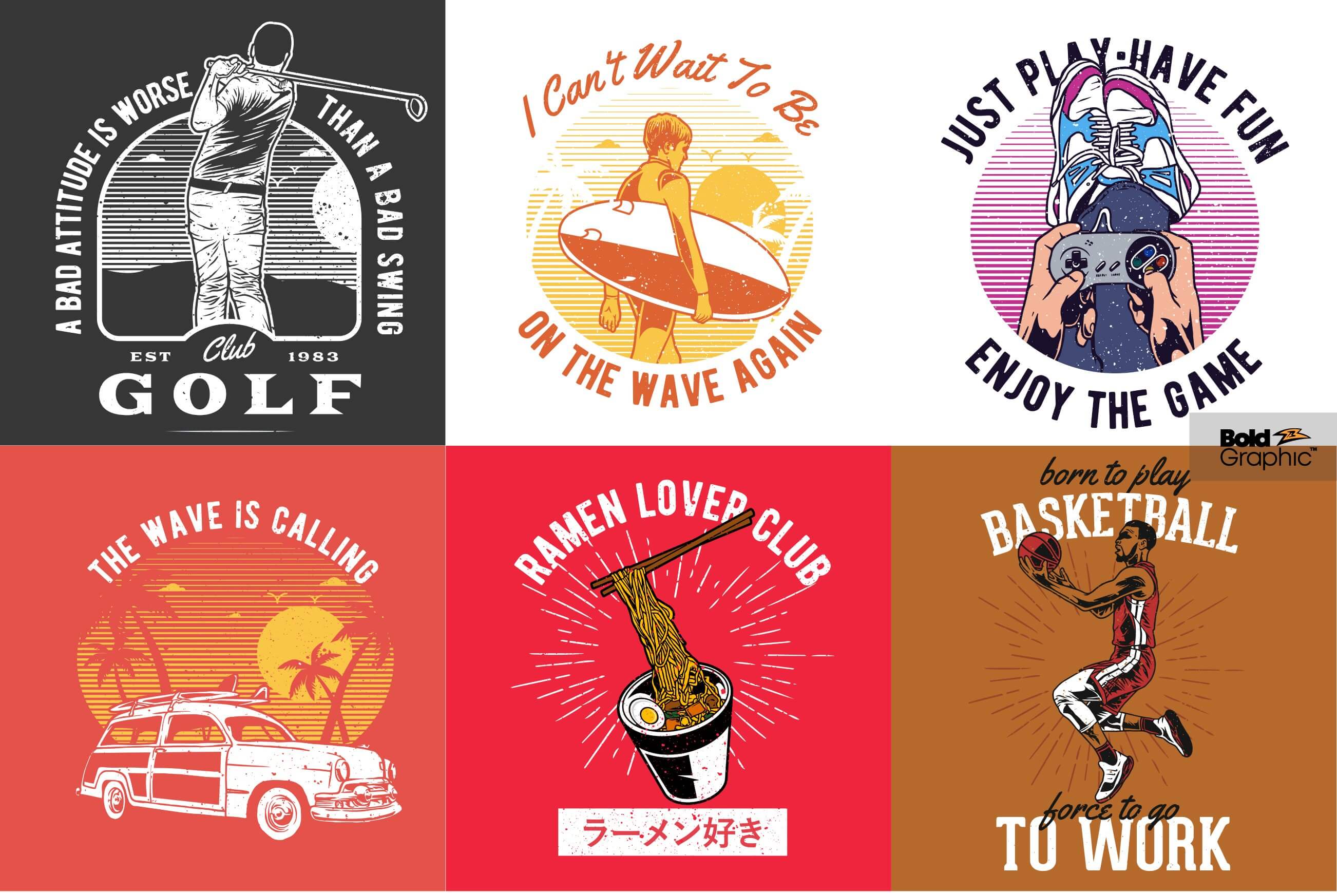 T-shirt designs with vintage images in bright and more pastel colors.
