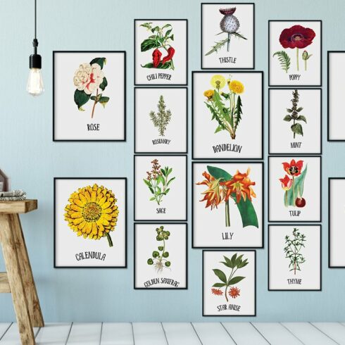 Picture of wildflowers as a picture frame in a light wall.