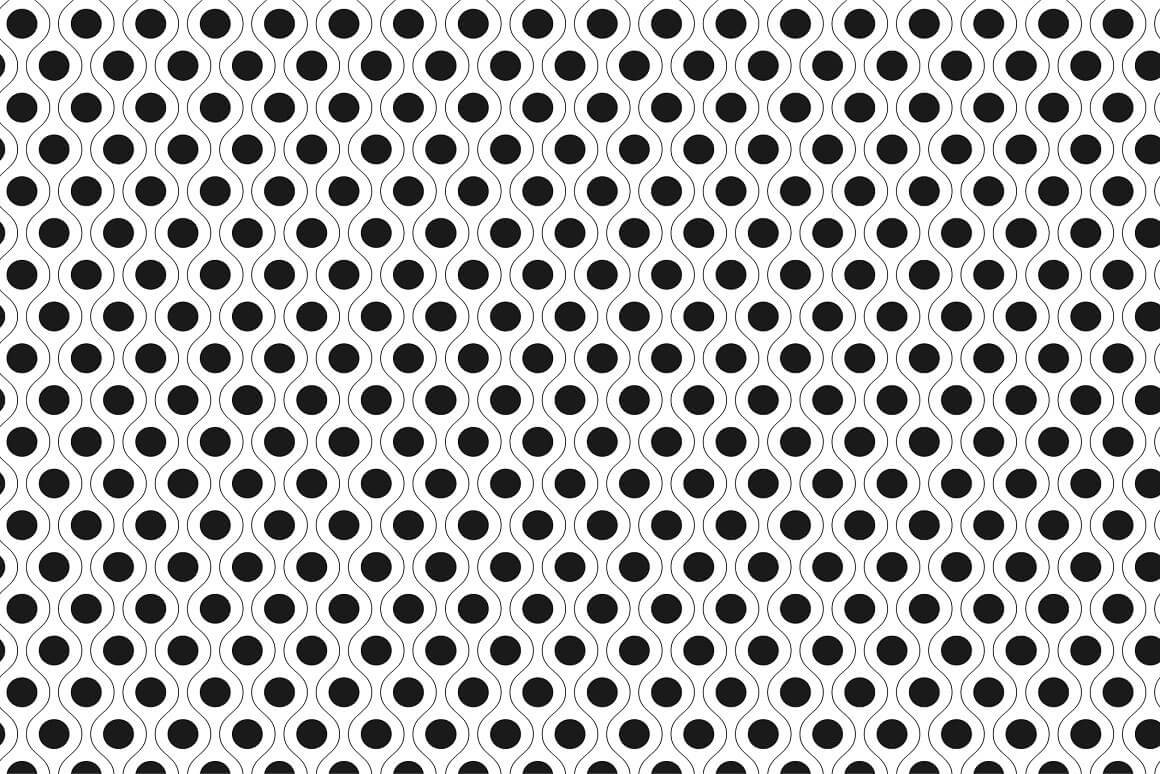 Black and white geometric seamless pattern, bold dots with twisty lines.