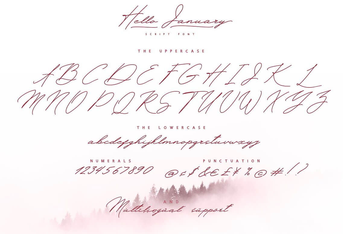 Hello January, Script font, Uppercase, Lowercase, Numerals, Punctuation, And Multilingual support.