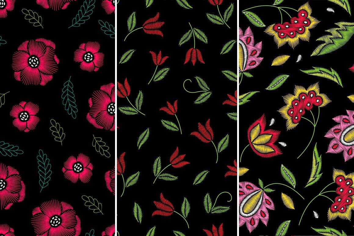 Three columns with Pink, Red, Red and yellow flowers embroidered on black.