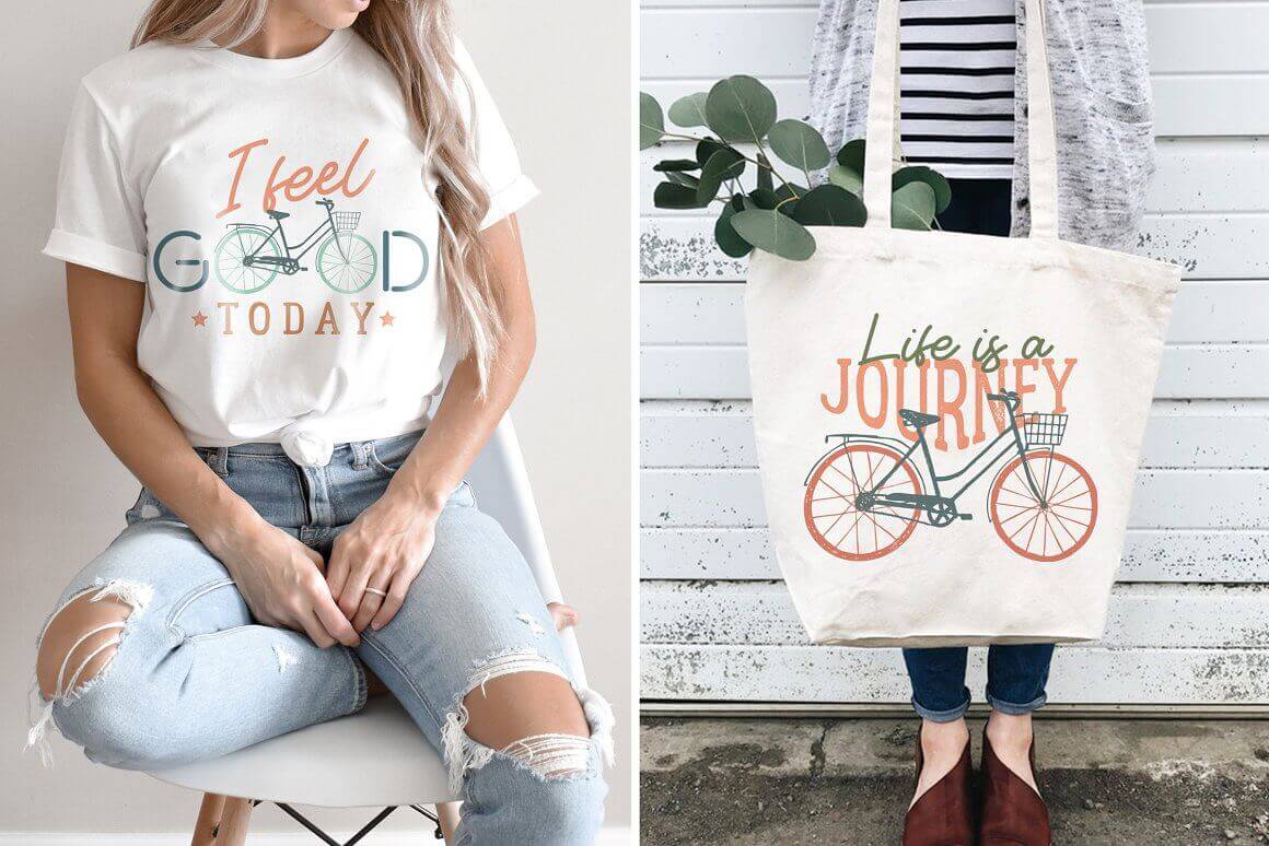 T-shirt with a picture of a bicycle on a girl and a handbag of the same theme.