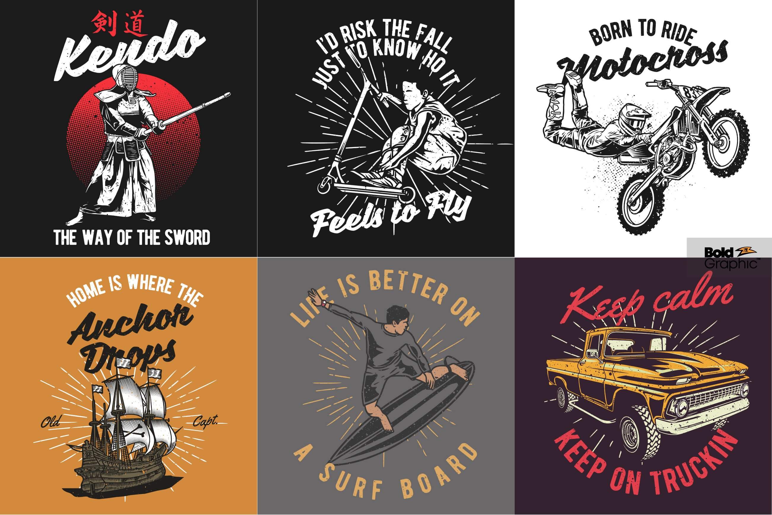 T-shirt designs with vintage extreme sports images.