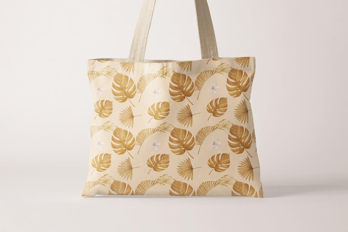 Bag with yellow leaves and white flowers.