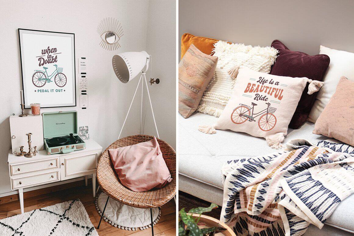A picture with a picture of a bicycle in a stylish interior and a pillow with it.