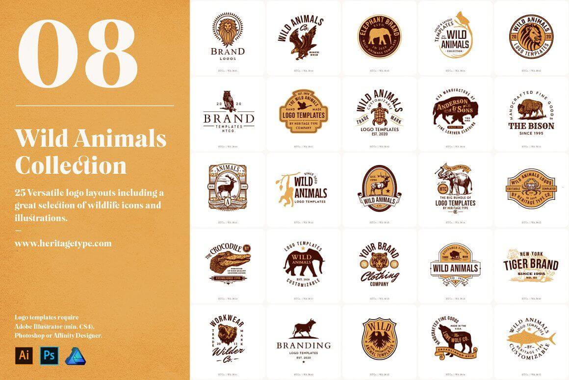 Wild animals collection including a great delection of wildlife icons and illustrations.