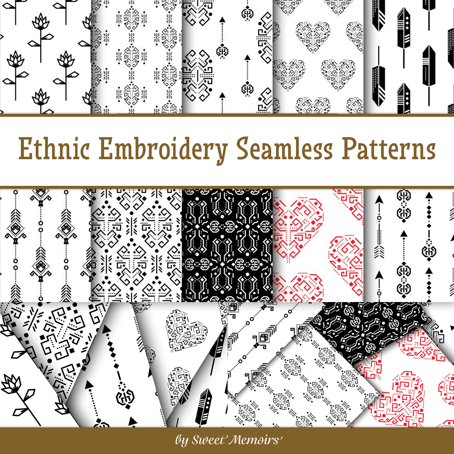 10 Ethnic Embroidery Seamless Patterns in Black, Red and White Colors.