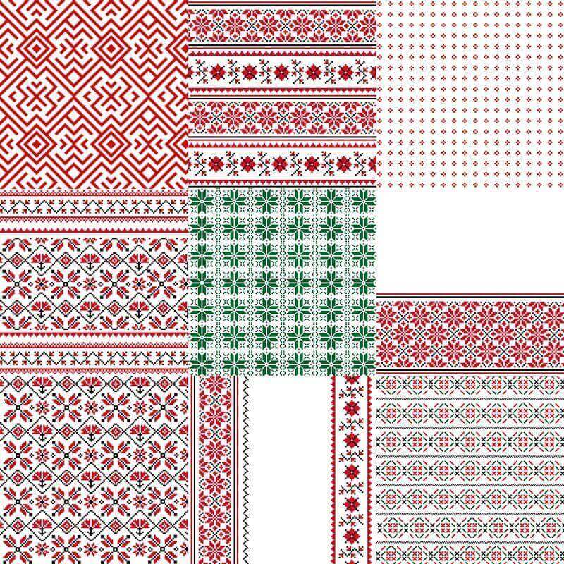 9 ethnic patterns with various designs on a white canvas.