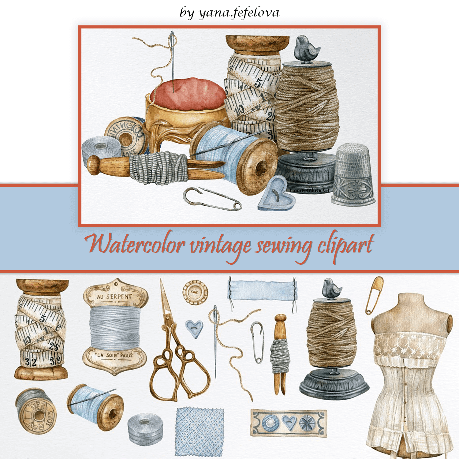 Watercolor drawings of items for sewing.