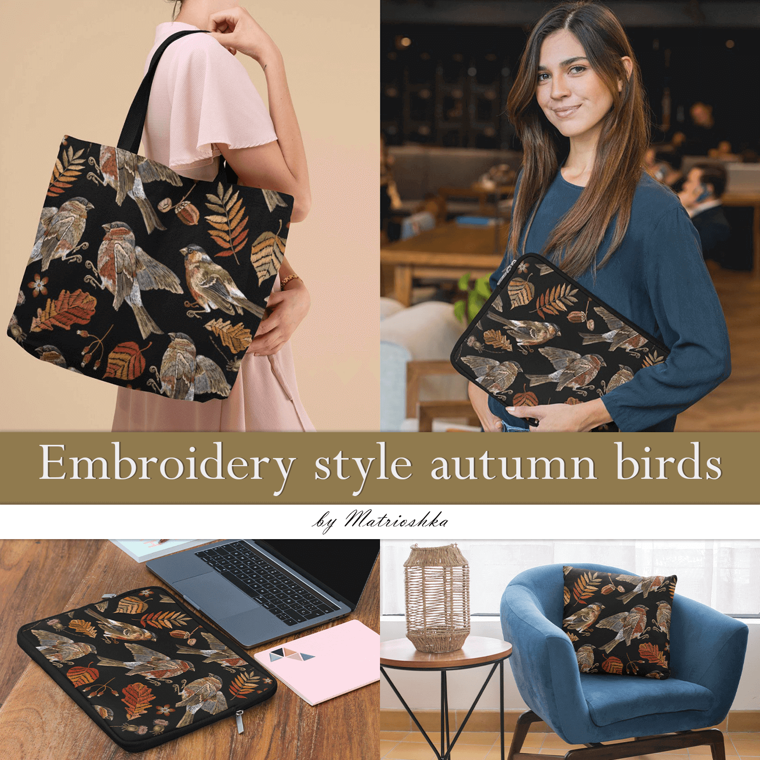 Embroidery in the style of autumn birds on women's bags together with charming models.