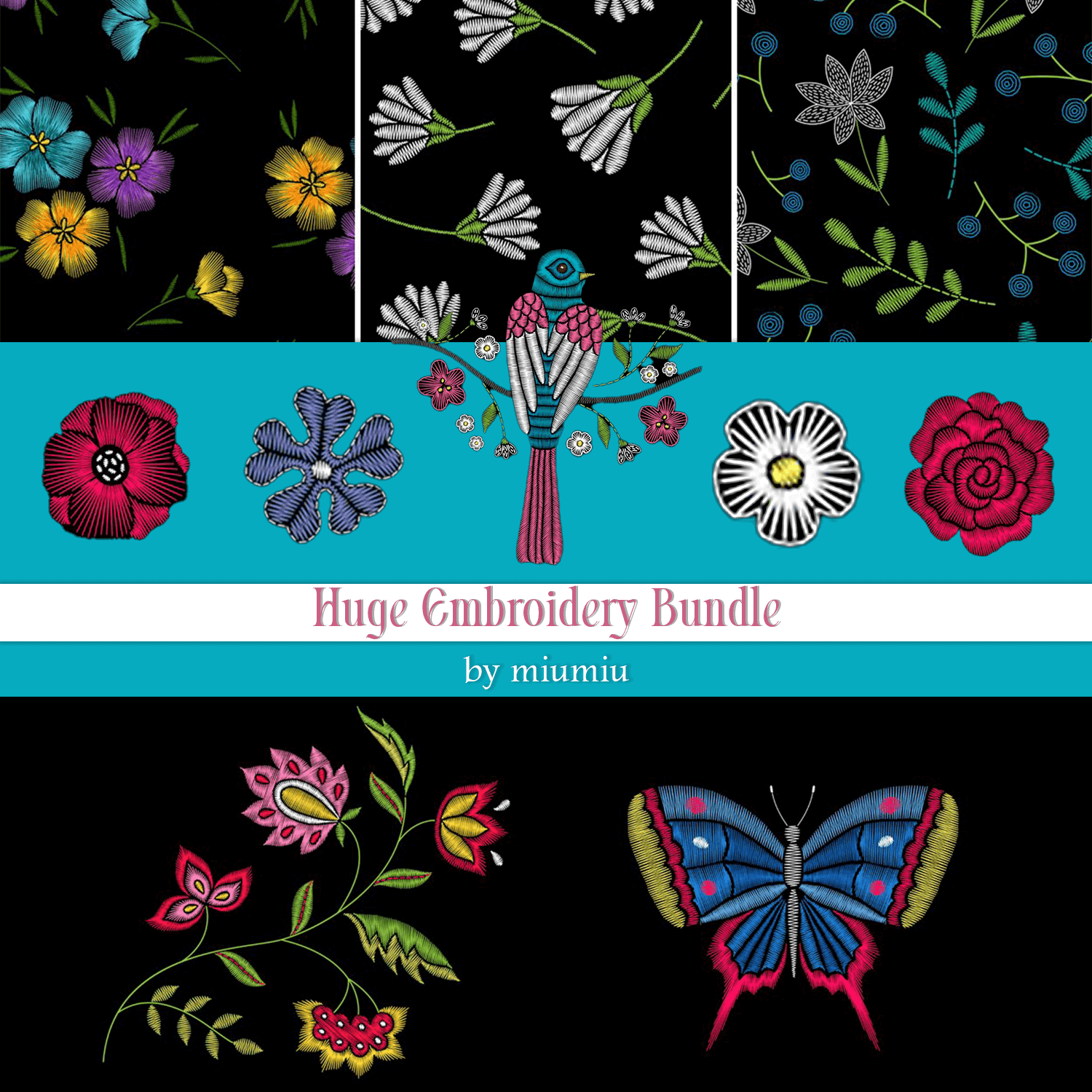 Floral mixes with butterflies and birds for embroidery on a black background.