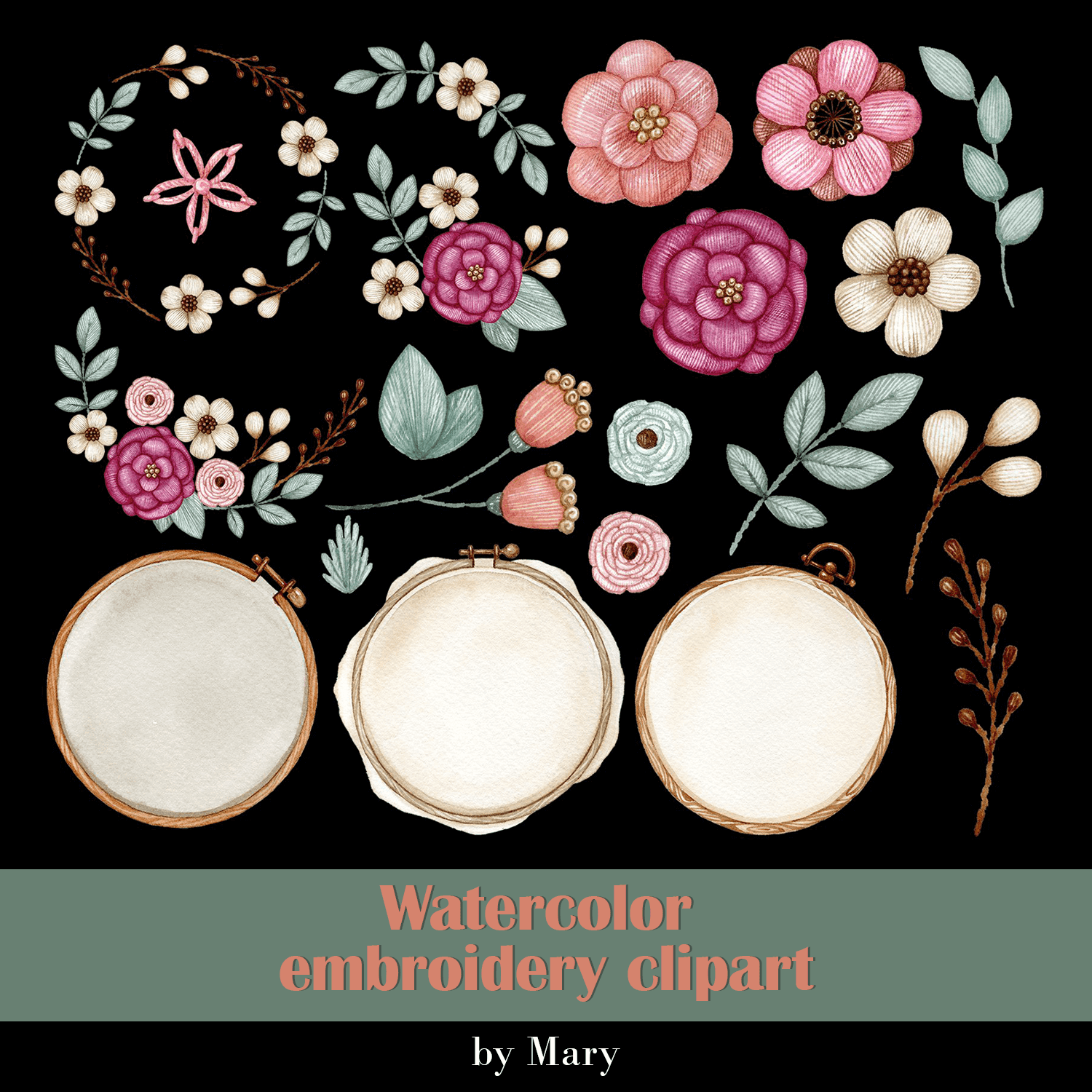 Watercolor Embroidery Clipart on Black Background by Mary.
