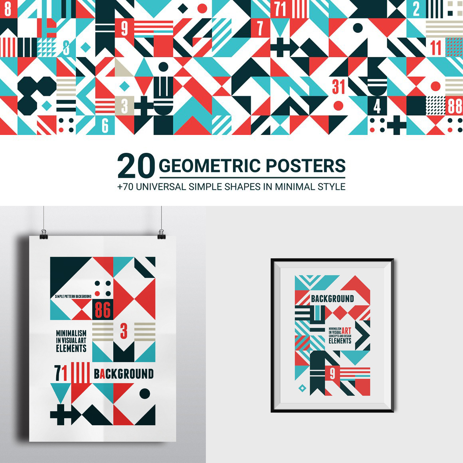 Geometric posters in red, blue and green.