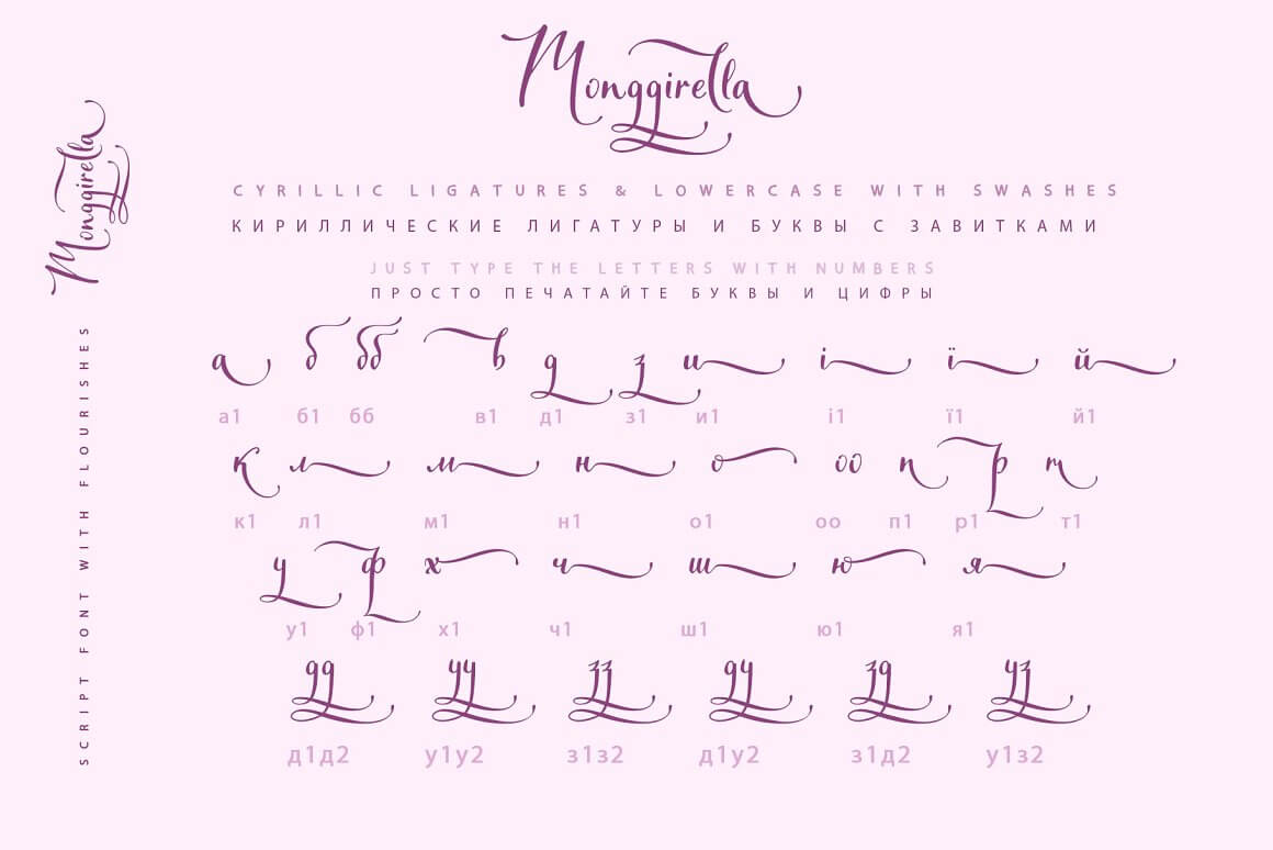 Monggirella, Cyrillic Ligatures & Lowercase with Swashes.