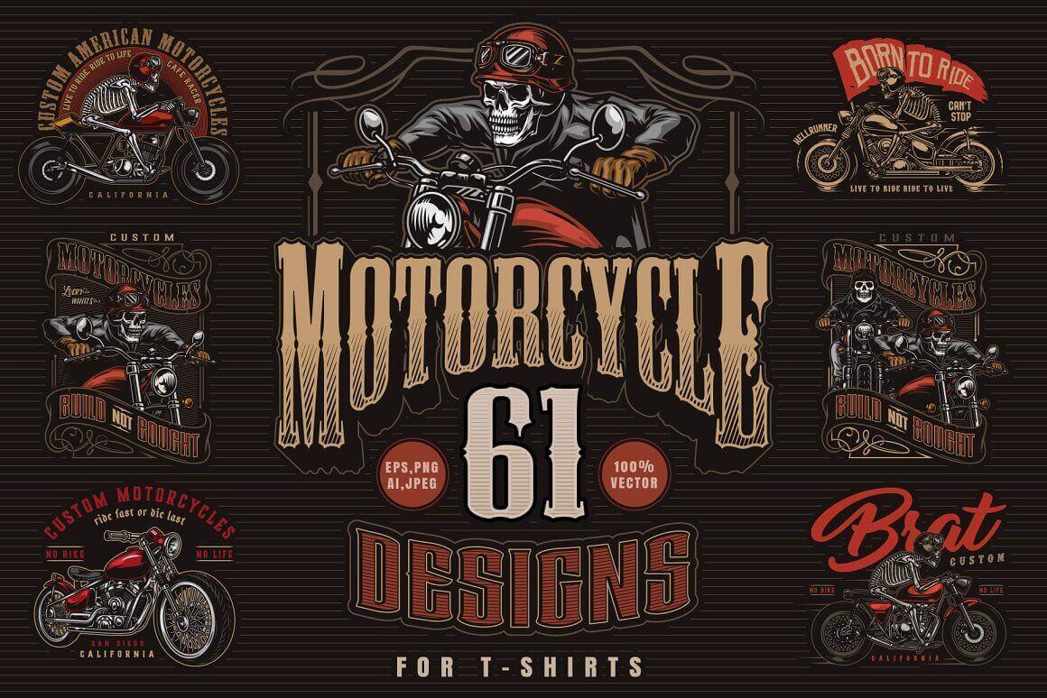Design for motorcycle t-shirts with skulls and skeletons.