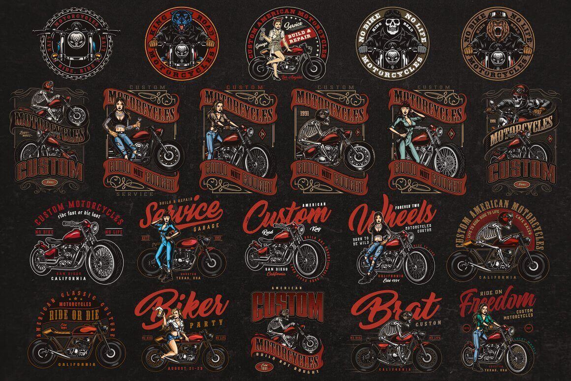 Logos design for motorcycle t-shirts in the form of circles and rectangles.