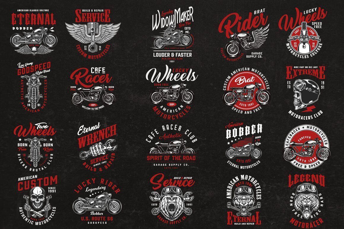 Logos design for motorcycle t-shirts with an image in white and red colors on a black background.
