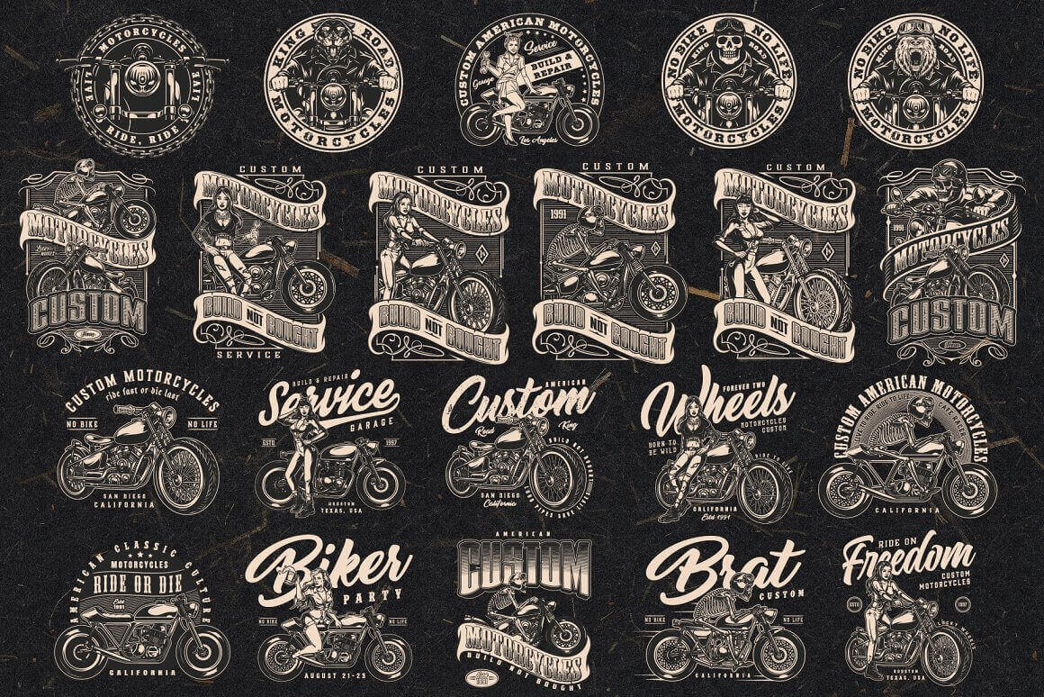 Logos design for motorcycle t-shirts with the image in white colors on a black background.