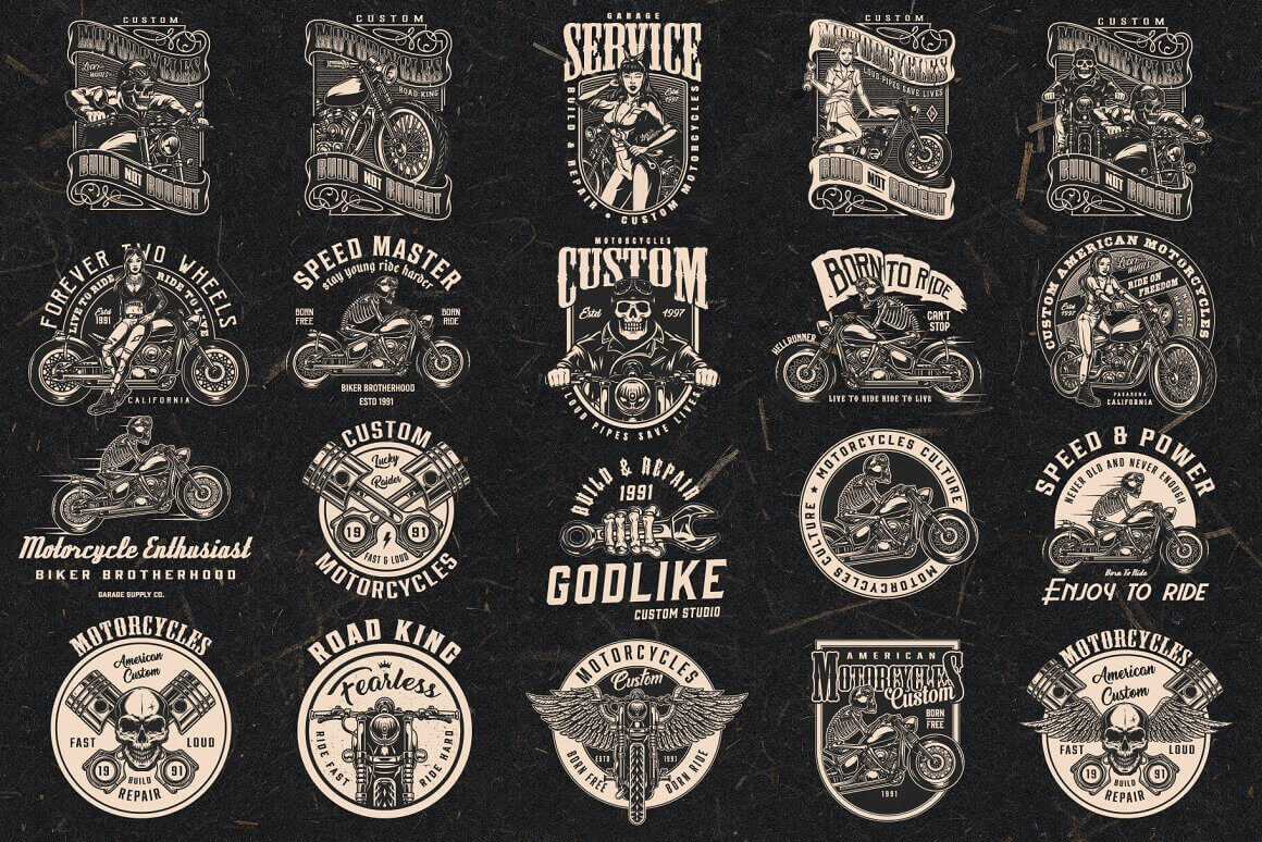 Logos design for motorcycle t-shirts with skeletons and inscriptions about motorcycles.
